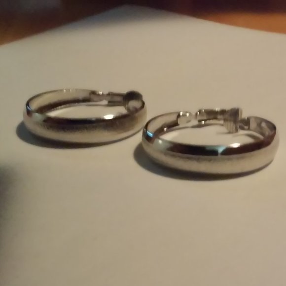 Silver Hoop Earrings Clip On 1 1/4" with Design On Them Silver - Picture 3 of 3